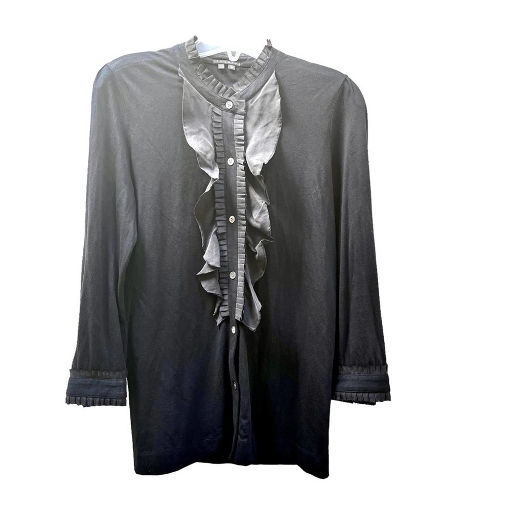 Theory black cotton jersey blouse with silk ruffle detail